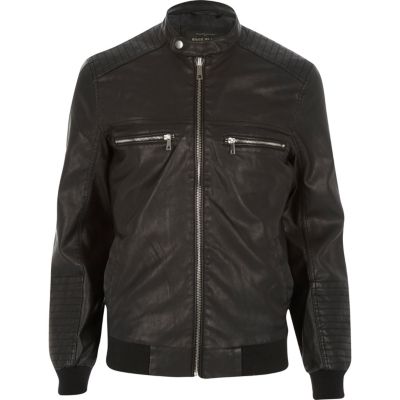Black leather-look bomber jacket
